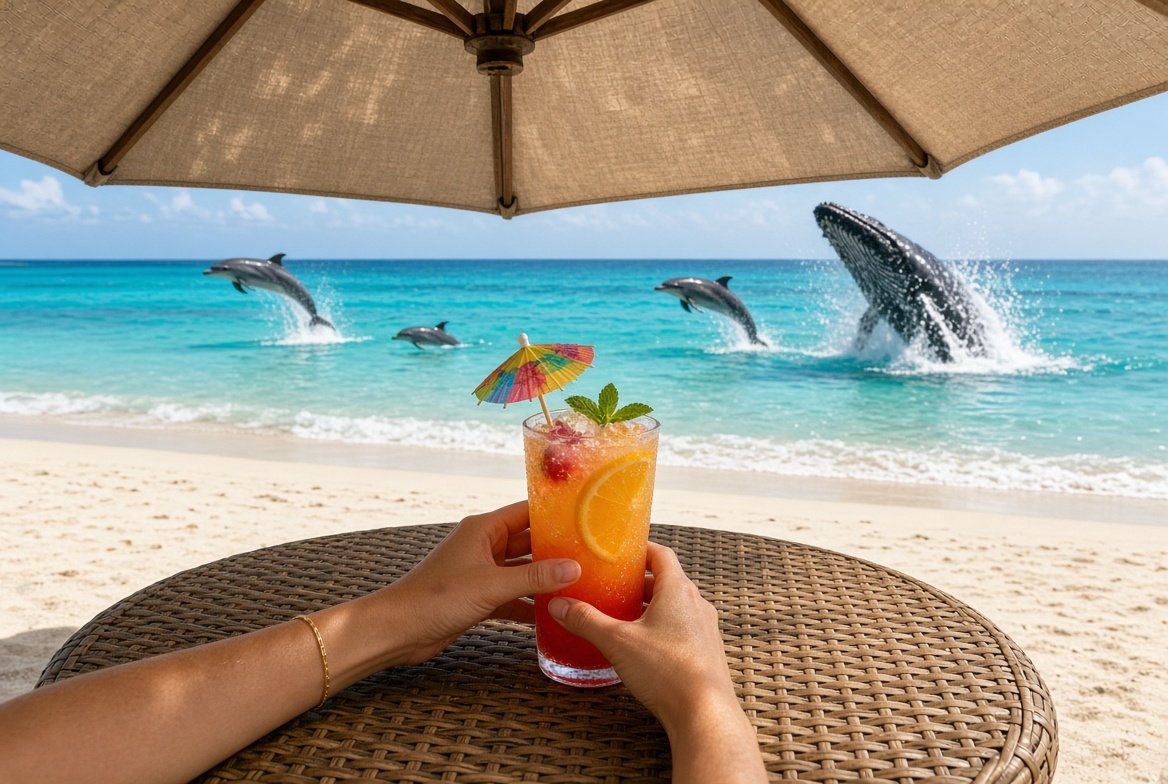 Holding a tropical drink under a beach umbrella while dolphins and a whale leap in turquoise water.
